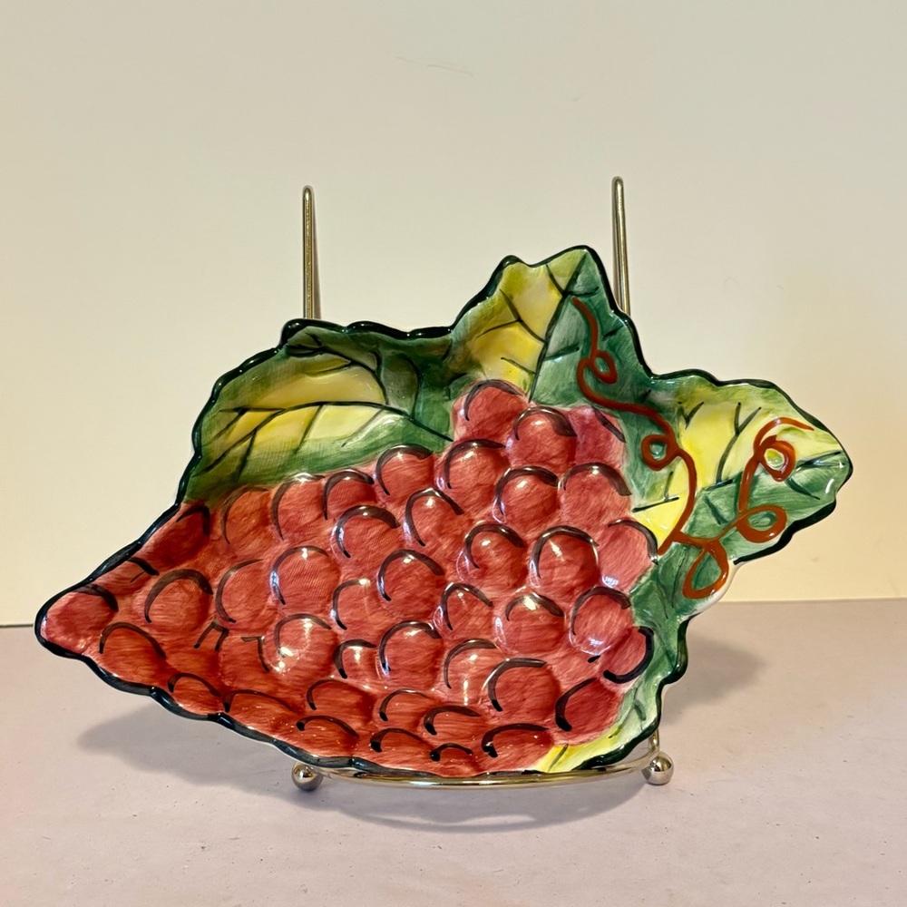 Vintage Clay Art Ceramic “Vineyard” Hand Painted Grapes Leaves Decorative Dish